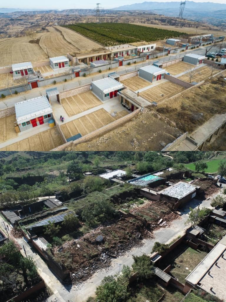 拼版照片，上圖是2022年1月山西省霍州市師莊鄉(xiāng)馮南垣村災(zāi)后恢復(fù)重建后的場(chǎng)景，下圖是2021年10月村莊因?yàn)?zāi)受損的場(chǎng)景。(霍州市委宣傳部供圖)