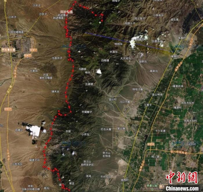 圖為雪豹在春節(jié)前后的活動軌跡?！?nèi)蒙古賀蘭山國家級自然保護區(qū)供圖