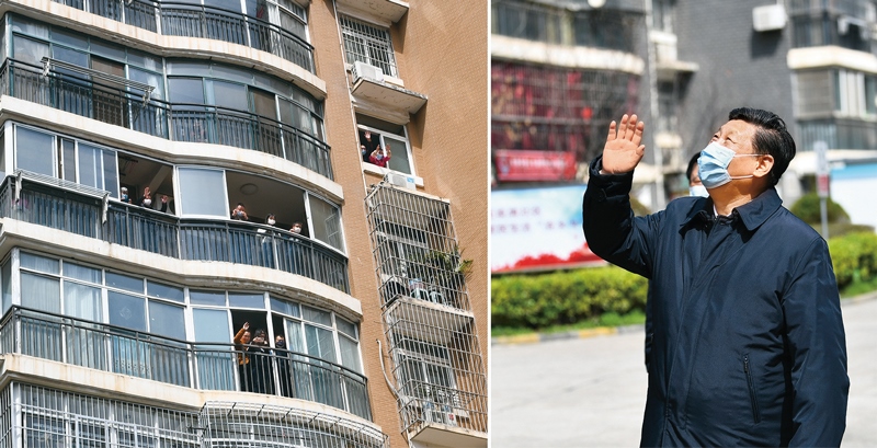 2020年3月10日，習(xí)近平專門赴湖北省武漢市考察新冠肺炎疫情防控工作。這是習(xí)近平在東湖新城社區(qū)考察時(shí)，向在家隔離居住的居民揮手致意、表示慰問（拼版照片）