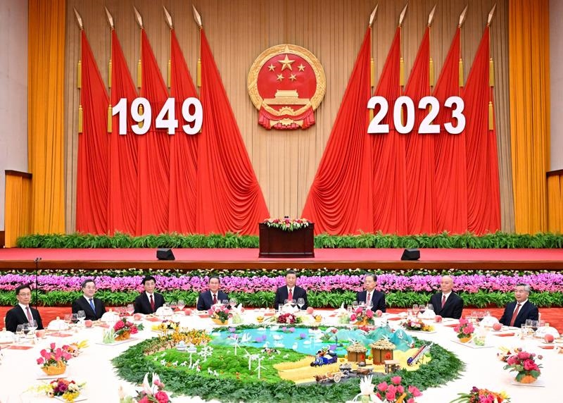 △2023年9月28日，慶祝中華人民共和國成立74周年招待會在北京人民大會堂舉行。