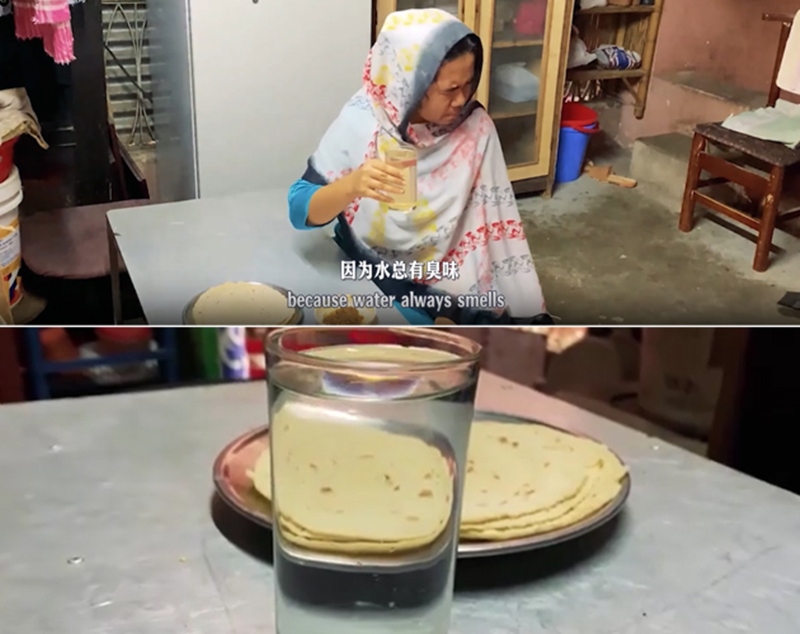 圖為紀實短片截圖：上圖為水質(zhì)未改善前，飲用水發(fā)黃渾濁；下圖為水廠建成后，飲用水水質(zhì)明顯改善，清澈透明。
