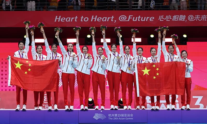 △2023年10月7日，杭州亞運(yùn)會，中國女排再創(chuàng)佳績，以六戰(zhàn)全勝第九次摘得亞運(yùn)金牌。