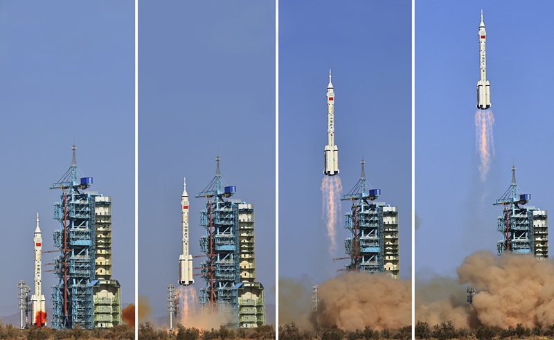 2023年10月26日，神舟十七號(hào)載人飛船發(fā)射升空過(guò)程（拼版照片）