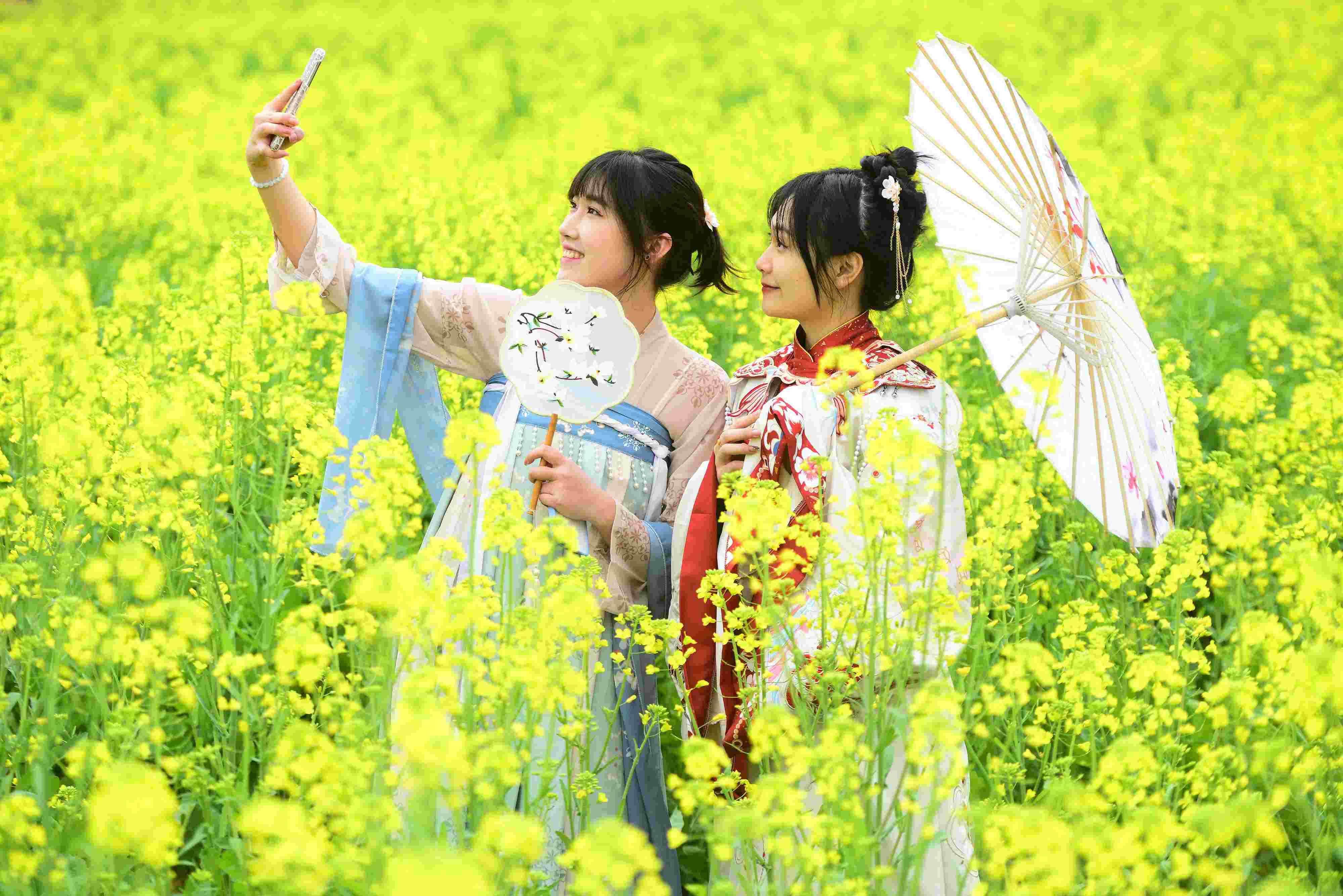 △ 2024年2月16日，廣西賀州，在富川瑤族自治縣麥嶺鎮(zhèn)三民村，游客在油菜花田間賞花拍照。