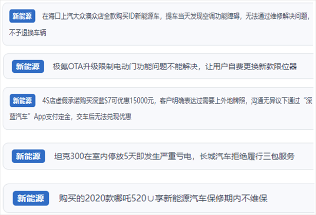 “人民投訴”用戶吐槽新能源汽車功能障礙多發(fā)、升級(jí)后配套服務(wù)跟不上、虛假優(yōu)惠、保修期內(nèi)不維保的問(wèn)題。（“人民投訴”平臺(tái)截圖）