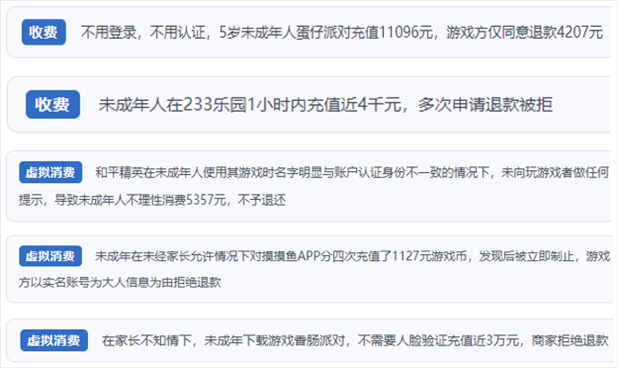 “人民投訴”用戶舉報(bào)身份認(rèn)證成擺設(shè)、大額充值無(wú)提醒、提供證據(jù)被駁回、商家設(shè)置退款障礙等未成年人網(wǎng)游消費(fèi)亂象。（“人民投訴”平臺(tái)截圖）