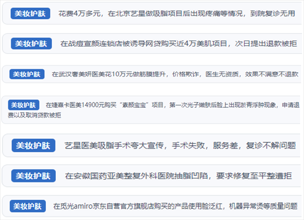 “人民投訴”用戶舉報(bào)醫(yī)美未達(dá)預(yù)期效果或?qū)е律眢w損傷退款遭拒、機(jī)構(gòu)及服務(wù)人員虛假資質(zhì)、被誘導(dǎo)高額醫(yī)美貸、網(wǎng)購(gòu)美容儀器質(zhì)量不過(guò)關(guān)等問(wèn)題。（“人民投訴”平臺(tái)截圖）