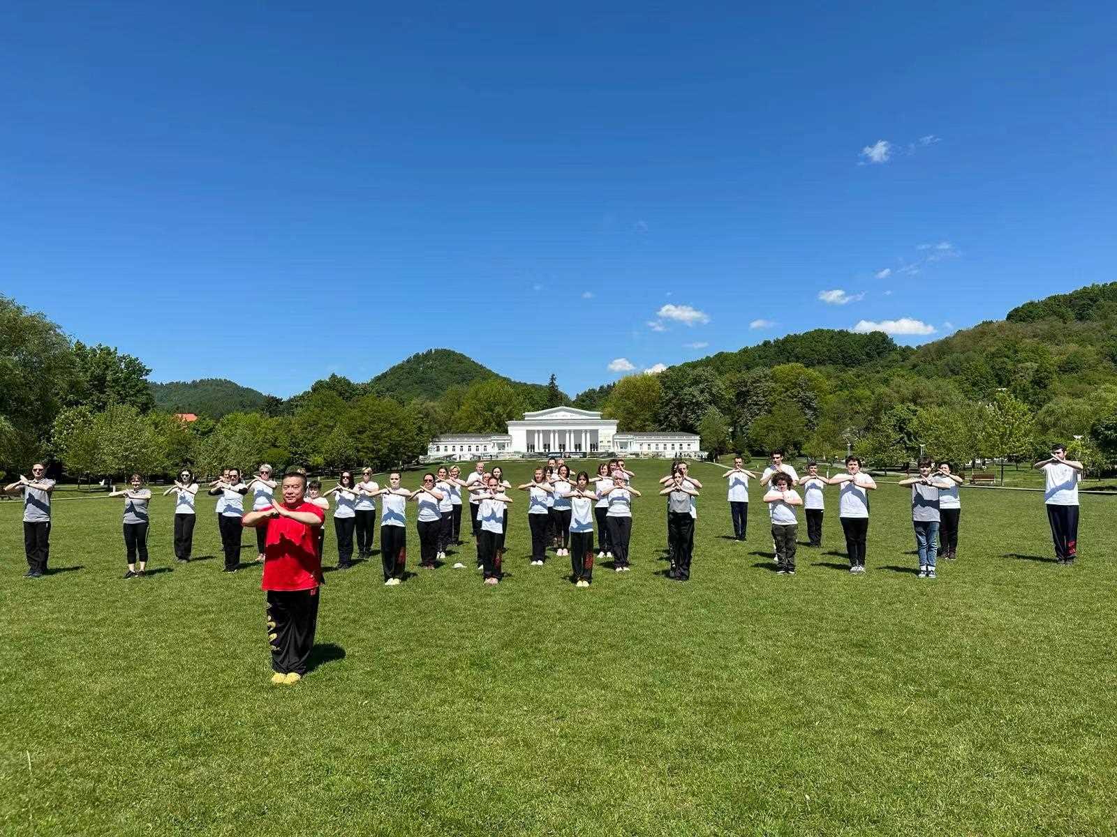 北京體育大學(xué)教授武冬帶領(lǐng)學(xué)員進(jìn)行太極拳演練。布加勒斯特中國文化中心供圖