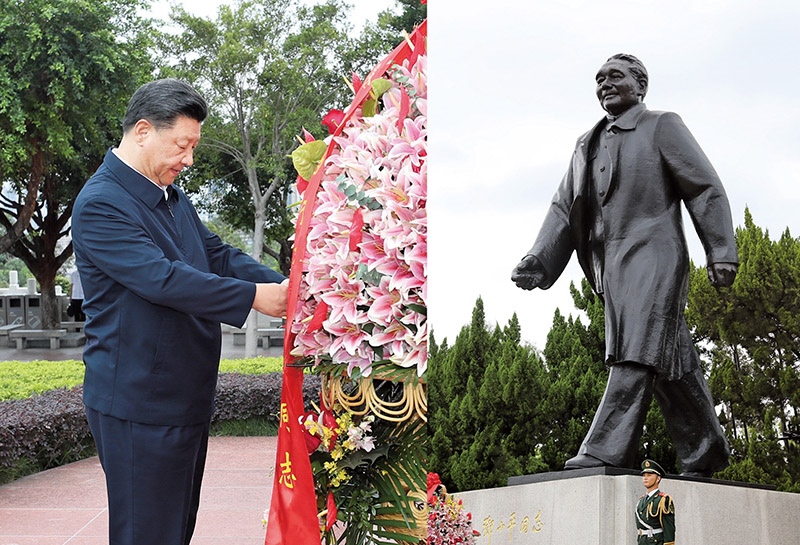 2020年10月14日，深圳經(jīng)濟(jì)特區(qū)建立40周年慶祝大會(huì)在廣東省深圳市隆重舉行。中共中央總書(shū)記、國(guó)家主席、中央軍委主席習(xí)近平在會(huì)上發(fā)表重要講話。這是當(dāng)天下午，習(xí)近平來(lái)到蓮花山公園，向鄧小平同志銅像敬獻(xiàn)花籃。 新華社記者 王曄/攝