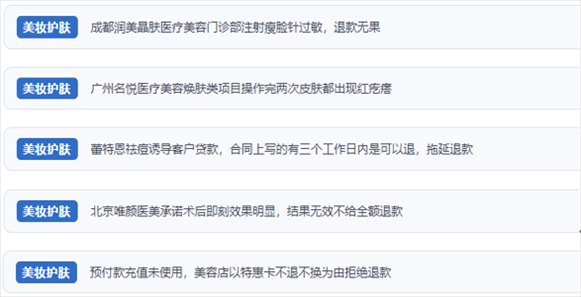 網(wǎng)友涉及醫(yī)美機(jī)構(gòu)虛假宣傳、誘導(dǎo)消費(fèi)、致傷客戶、違約不退費(fèi)等消費(fèi)侵權(quán)的相關(guān)投訴。（“人民投訴”用戶投訴截圖）