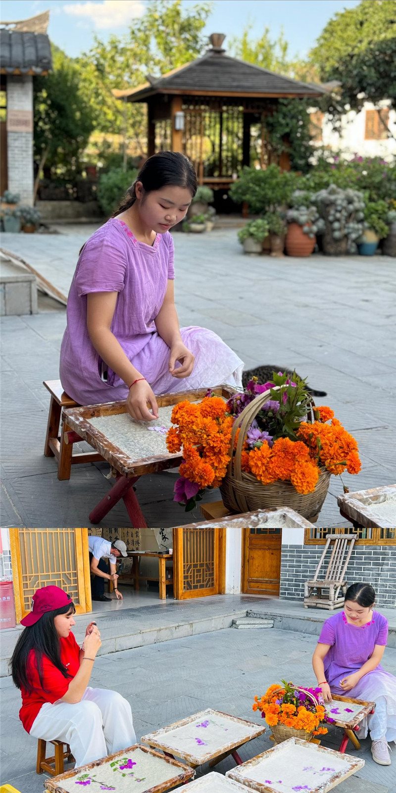 沒(méi)有女生不愛花。以古法造紙技藝為基礎(chǔ)，再輔以花草枝葉勾勒各式圖案，創(chuàng)作出花茂村獨(dú)具特色的紙漿壓花畫，少女手中的花是她眼中的風(fēng)景，而她與正在制作的紙漿壓花畫也是別人眼中的風(fēng)景。（哈薩克斯坦BAQ通訊社高級(jí)記者古爾詹·拉曼庫(kù)洛娃、張亞欣攝）