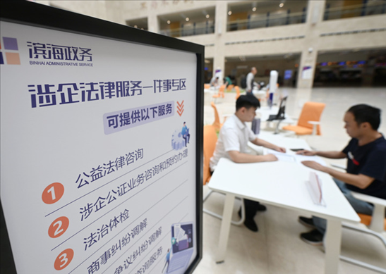在天津濱海新區(qū)政務(wù)服務(wù)中心，工作人員在“涉企法律服務(wù)一件事”專區(qū)為市民提供服務(wù)（2024年7月31日攝）。新華社記者 趙子碩 攝