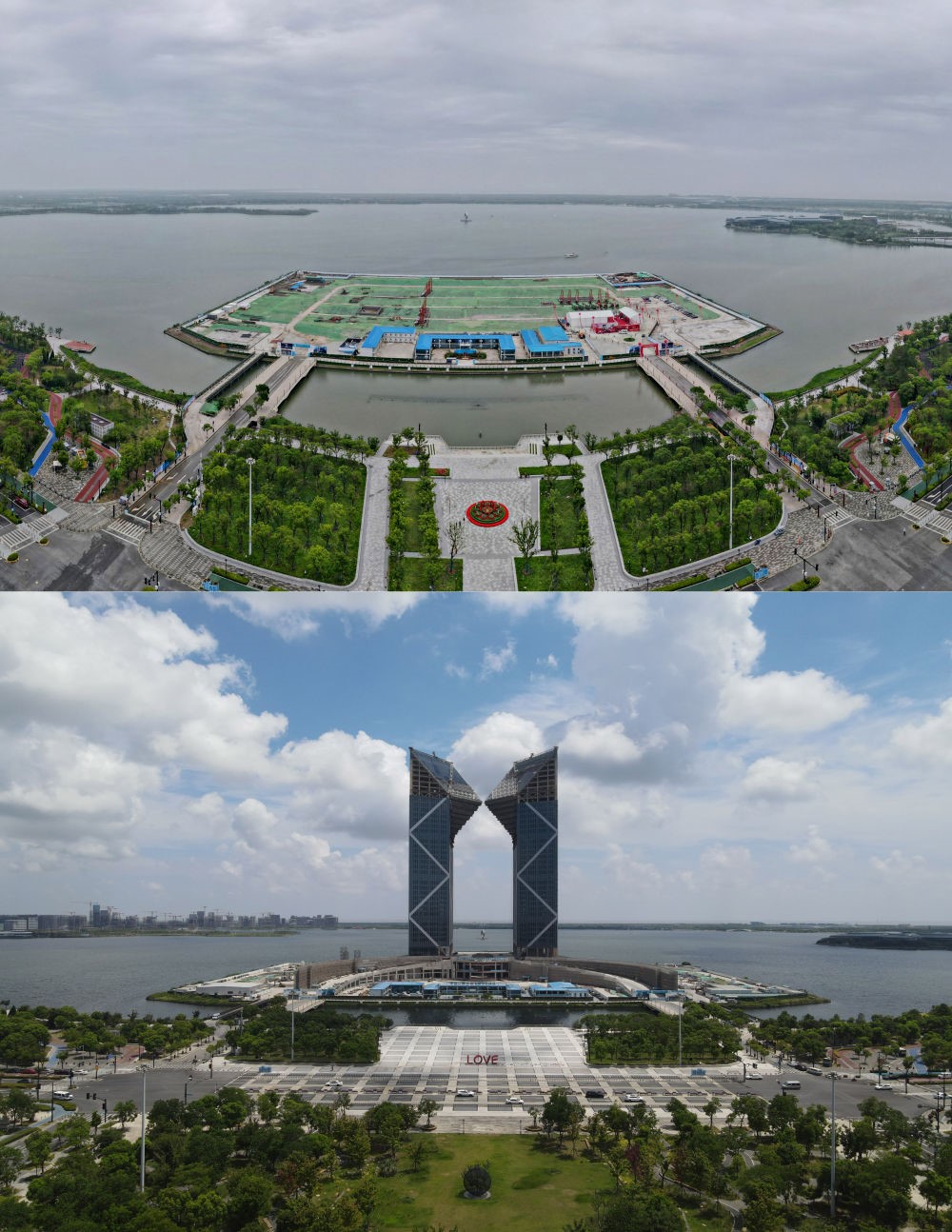 拼版照片：空中俯瞰中國（上海）自由貿(mào)易試驗區(qū)臨港新片區(qū)滴水湖西島中銀金融中心項目現(xiàn)場（上圖為2021年6月20日攝，無人機照片；下圖為2024年8月14日攝，無人機照片）。2019年8月20日，臨港新片區(qū)揭牌成立，一個開放新高地在長江與東海交匯處日益崛起。