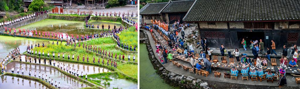 左圖：近期，人們?cè)诶杵娇h肇興侗寨的田園里演唱侗族大歌（黎平縣委宣傳部供圖）；右圖：這是2023年拍攝的十八洞村長(zhǎng)桌宴（湘西州委宣傳部供圖）。