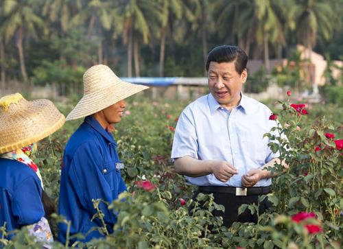 △2013年4月9日，習(xí)近平總書記在海南亞龍灣蘭德玫瑰風(fēng)情產(chǎn)業(yè)園向花農(nóng)了解玫瑰種植管理技術(shù)。