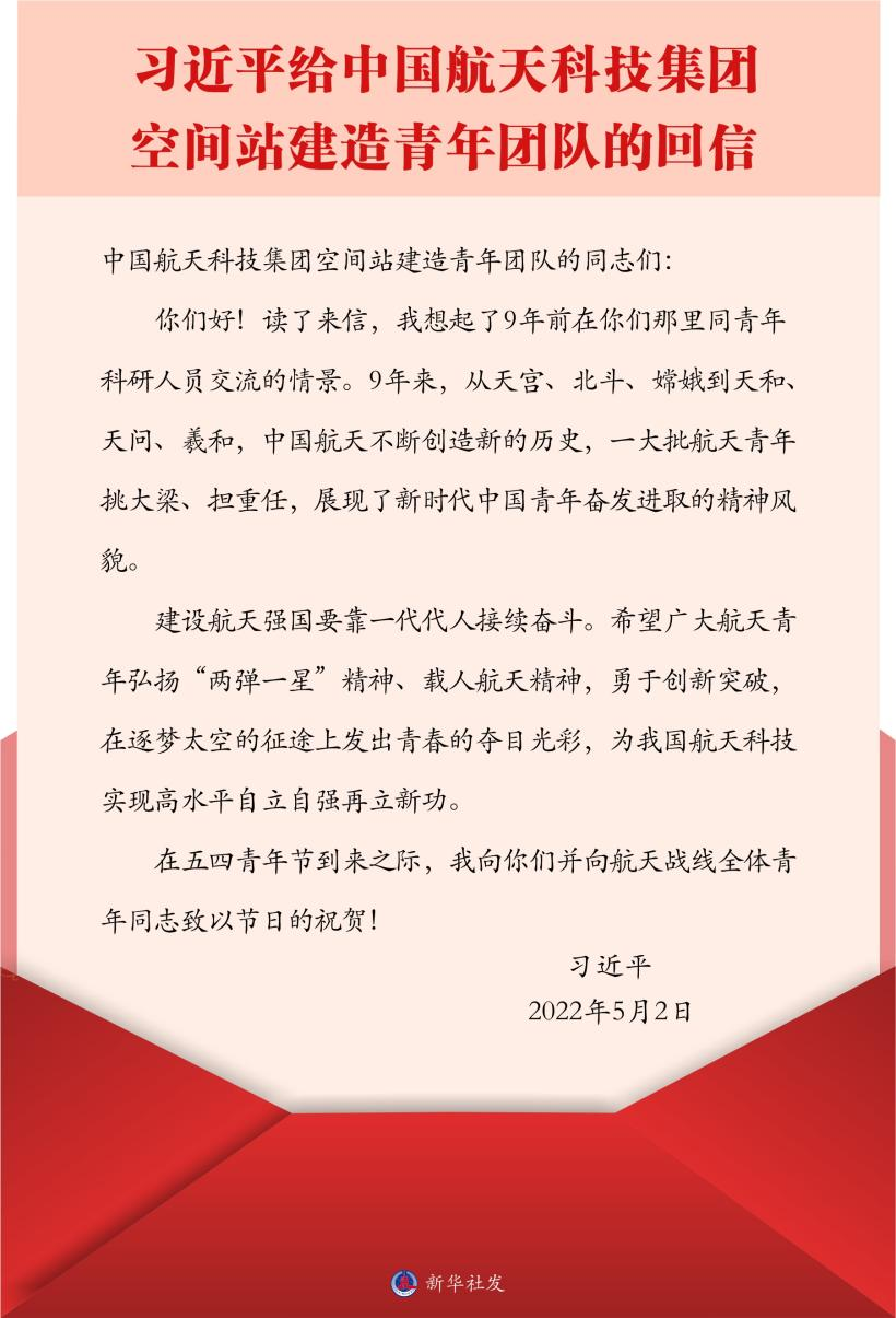 習(xí)近平總書(shū)記給中國(guó)航天科技集團(tuán)空間站建造青年團(tuán)隊(duì)的回信。新華社發(fā)