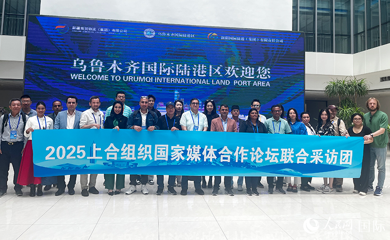 5月26日，外國媒體人在烏魯木齊國際陸港區(qū)合影留念。 人民網(wǎng)記者 翟轉麗攝