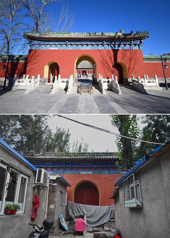 位于先農(nóng)壇內(nèi)的慶成宮，曾長(zhǎng)時(shí)間被雜亂的民居占據(jù)。在北京中軸線申遺保護(hù)工作的帶動(dòng)下，北京完成了慶成宮區(qū)域文物征收騰退、非文物建筑拆除、彩畫(huà)保護(hù)、本體修繕、展覽布陳等，讓560多年歷史的古建群重新回歸。2024年12月，北京中軸線上先農(nóng)壇內(nèi)的慶成宮首次面向社會(huì)公眾開(kāi)放。上圖為騰退修繕后的慶成宮內(nèi)宮門(mén)（資料照片）；下圖為翻拍的慶成宮內(nèi)宮門(mén)騰退修繕前的資料照片（2024年12月21日攝）。